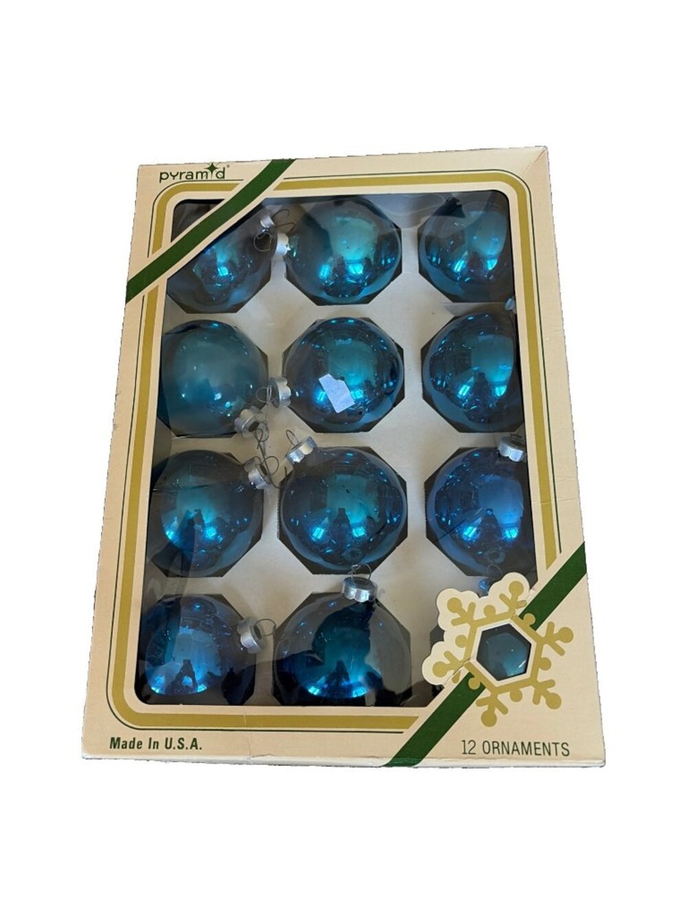 Vintage Pyramid Glass Christmas Ornaments 2.5" Blue Set of 12 Original Box Retro